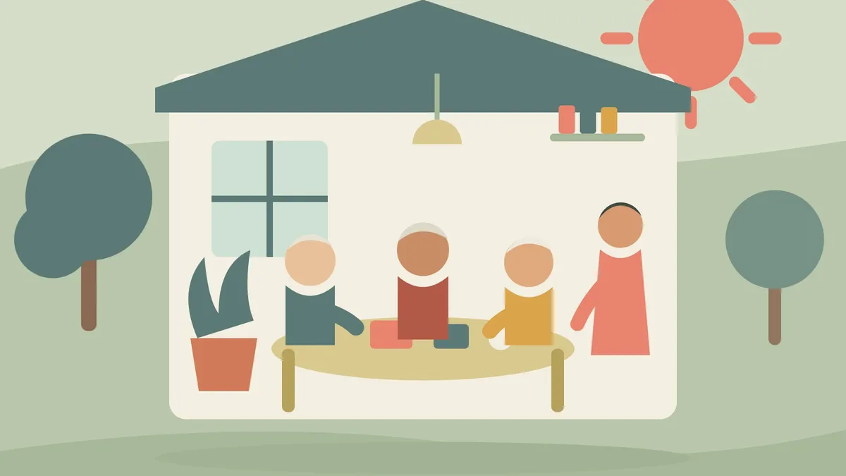 Illustration of seniors doing an activity around a table at an adult day services program while a staff member looks on