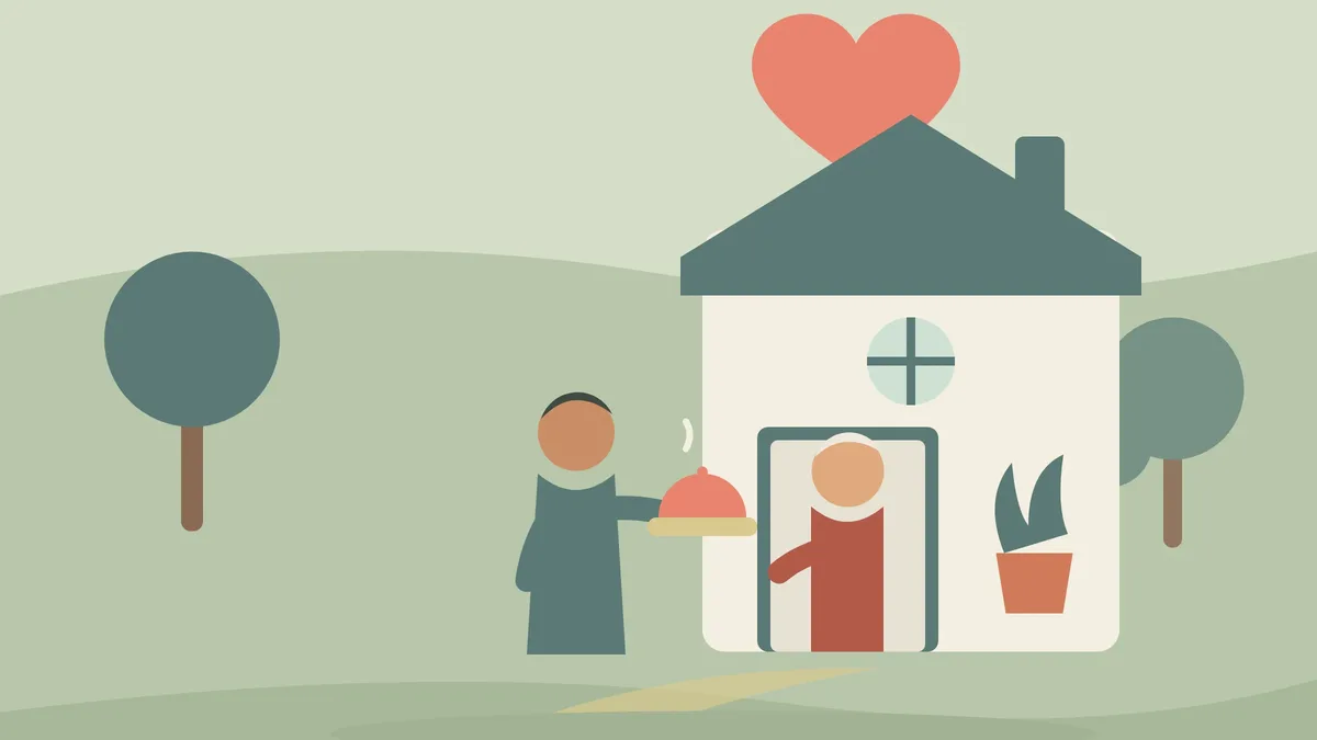 Illustration of a volunteer handing a covered meal to an older woman at the front door of her home