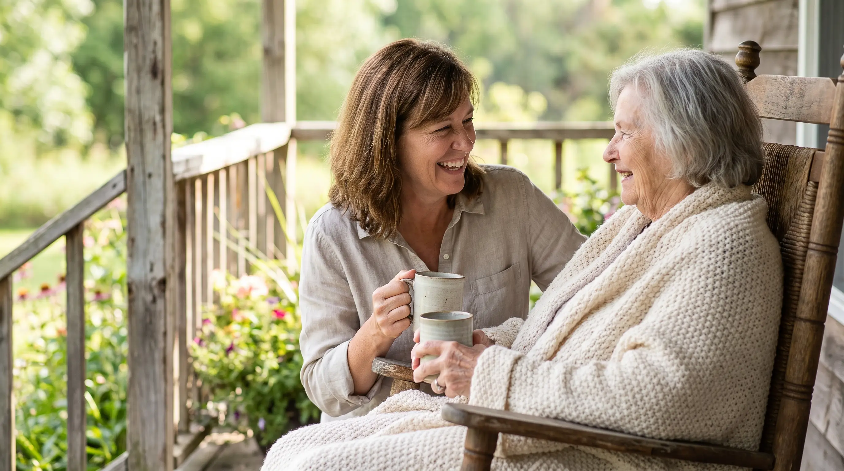 An adult daughter sharing coffee with her mother on a sunny porch